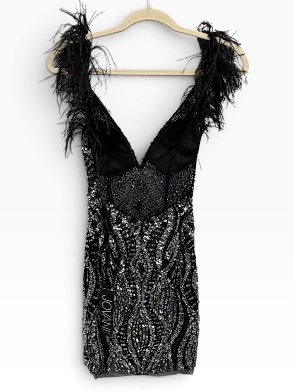 Jovani Sequin Beaded Mini Dress with Black Feather Straps - Picture 2 of 13